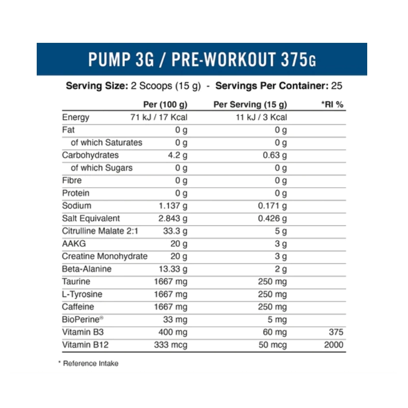 Applied Nutrition Pump 3G Original Pre Workout 375 g su kofeinu