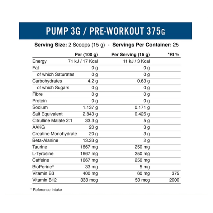 Applied Nutrition Pump 3G Original Pre Workout 375 g su kofeinu